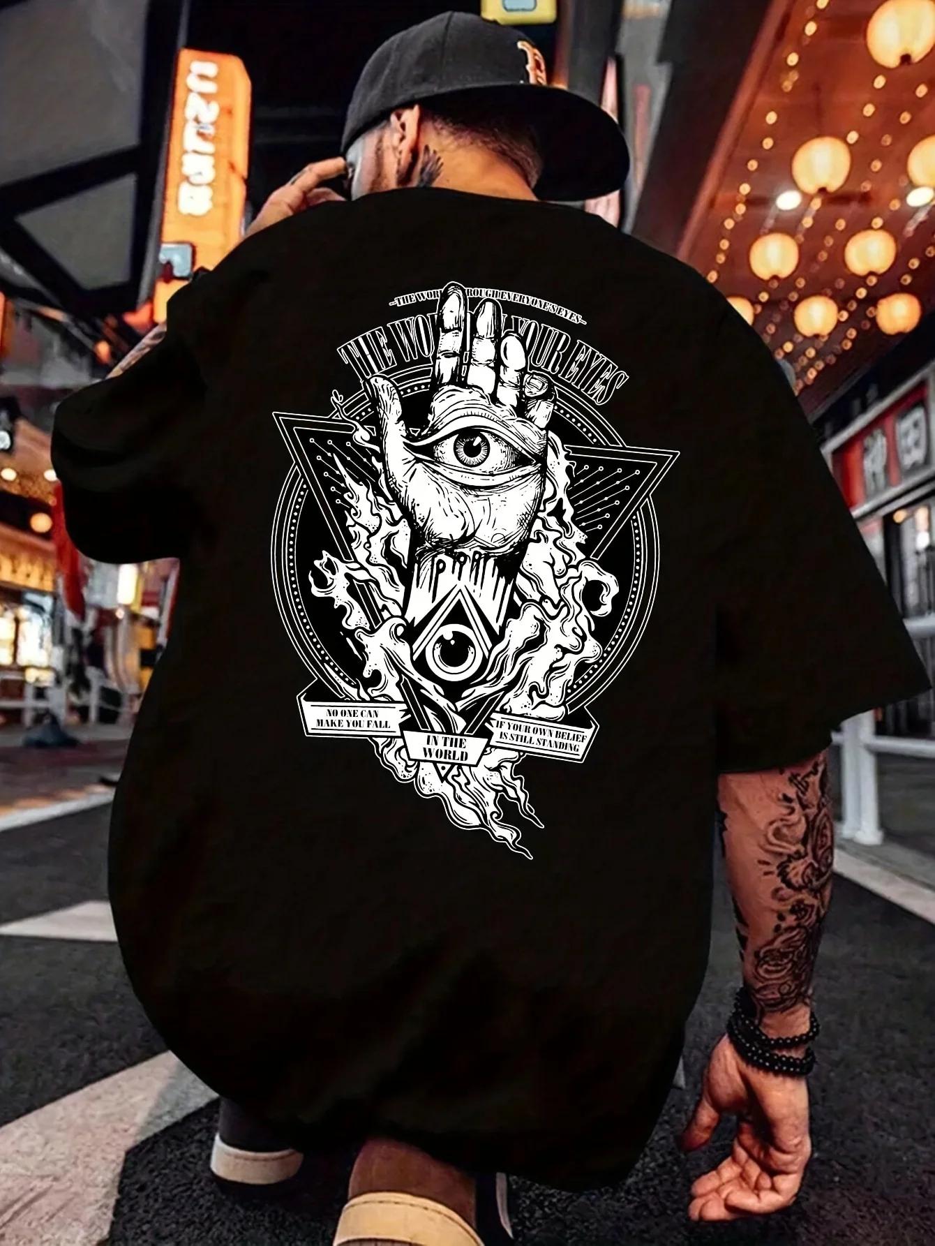 Men s 100% Cotton T-Shirt with Illuminati All-Seeing Eye and Hand Design - Hip Hop Street Style Top S разноцветный