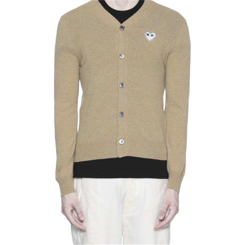 CDG Play Sweaters Men's Beige V Neck Moderate Cardigan AZ-N066-051-2