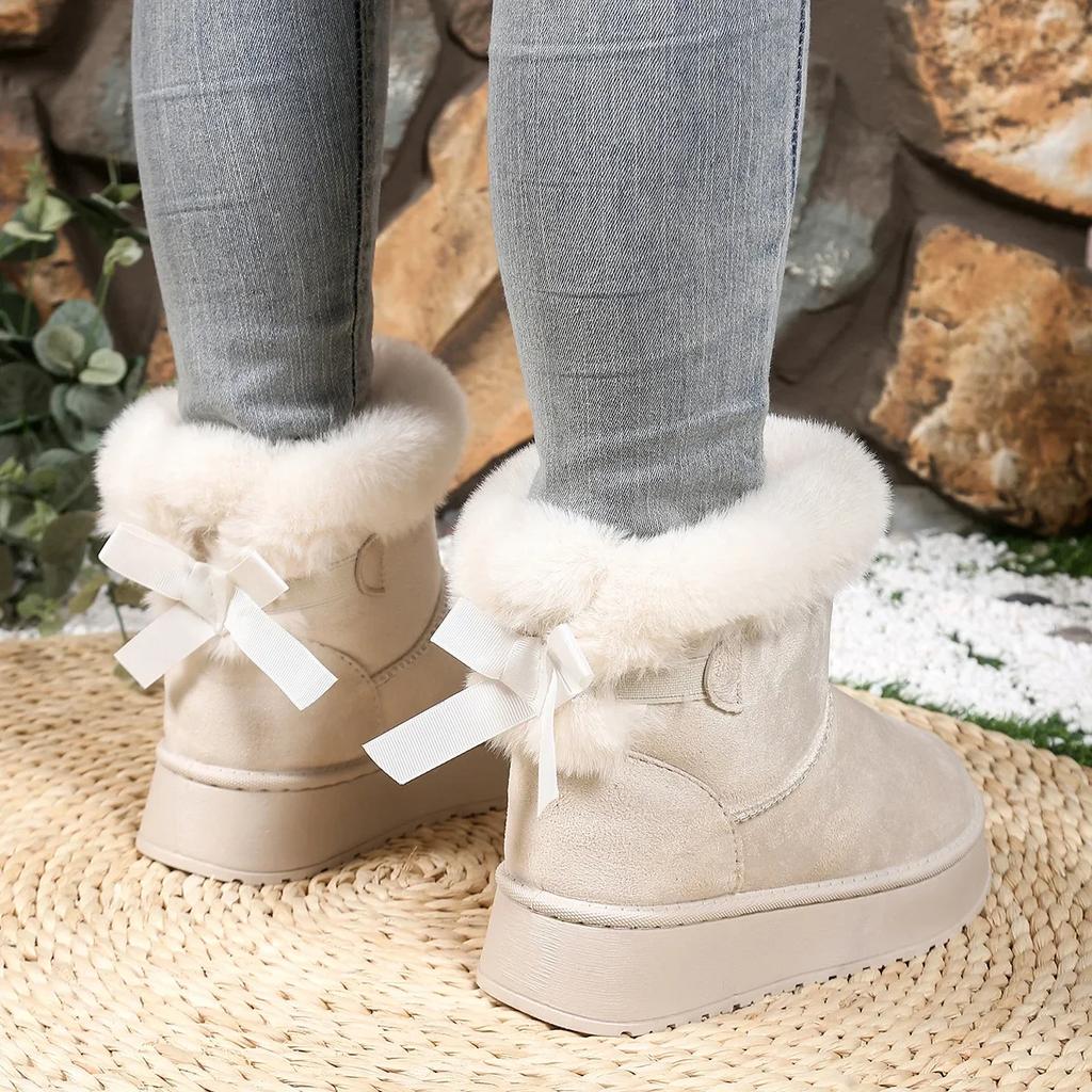 Autumn Winter Thick Bottom Fleece Lined Snow Boots Women's Butterfly Knot Fur Trim Warm Short Boots Rubber Upgraded Version