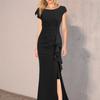 Frauen Sommer Oansatz Kurzarm Kleid Kleid Hohe Taille Seite Rüschen Dekor Split Saum Slim Fit Hüfte Gewickelt Abend party Kleid