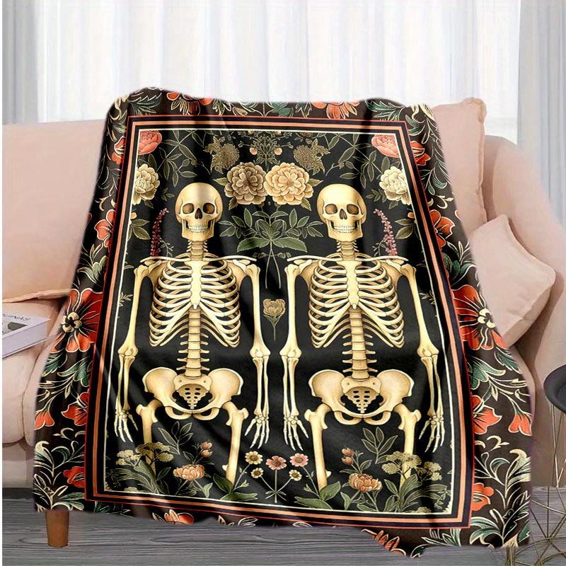 Gothic Romance: Halloween Skeleton Couple Blanket - Soft, Warm Flannel with Vibrant Floral Design, Tear-Resistant, All-Season Co