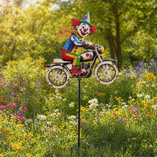 Spinning Clown Motorcycle Wind Spinner, Rotating Wheels Metal Kinetic Yard Art with Stake, Weatherproof Windmill Sculpture for Outdoor Lawn Patio