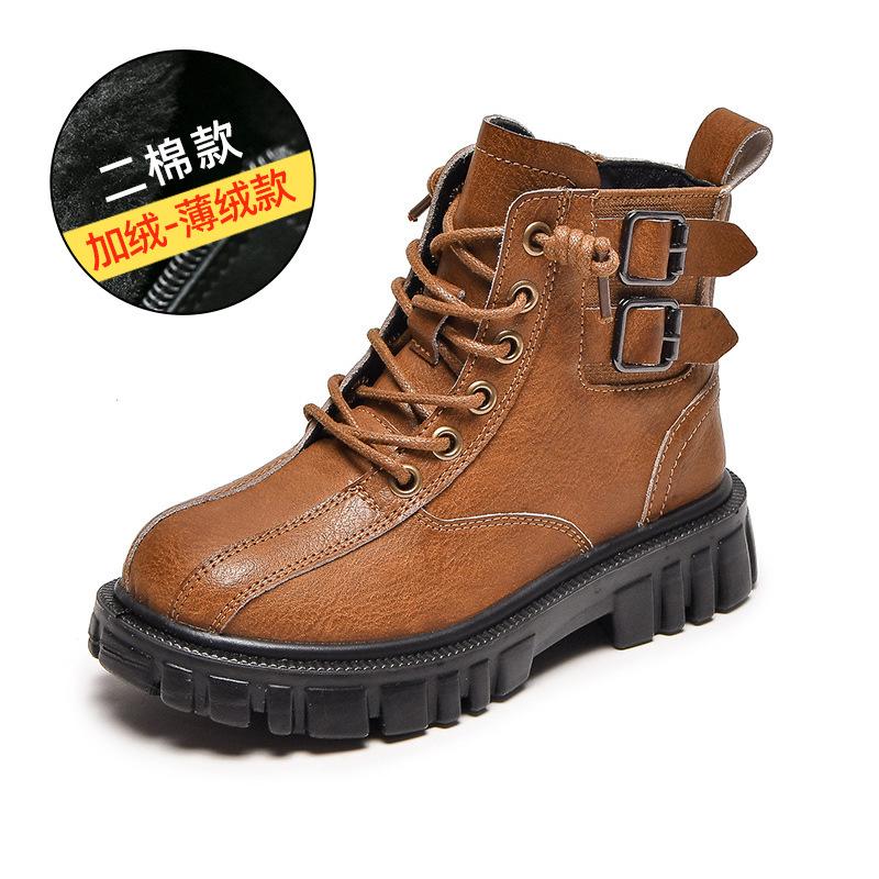 Fashion retro children's Martin boots autumn and winter new leather single boots velvet British style casual non-slip boys short boots