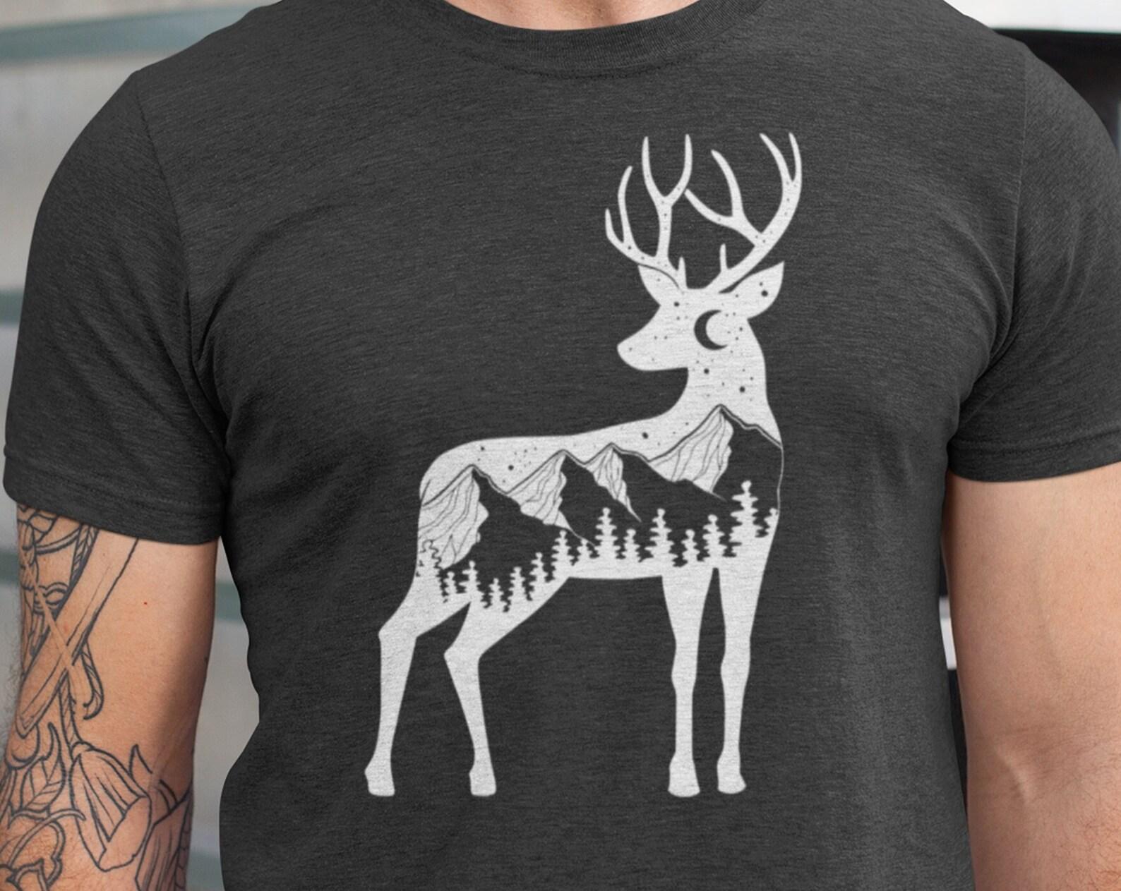 Night Nature Forest Deer Shirt Men, Double Exposure Deer Tee, Nature Tee, Mens Forest Graphic Unisex T-Shirt, Boyfriend Gift, Mountain Shirt L