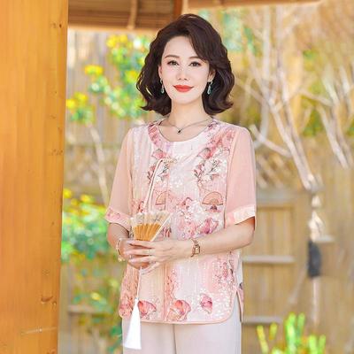Summer Casual Jacquard Print Short Sleeve Top for Middle-Aged Women – Loose & Breathable