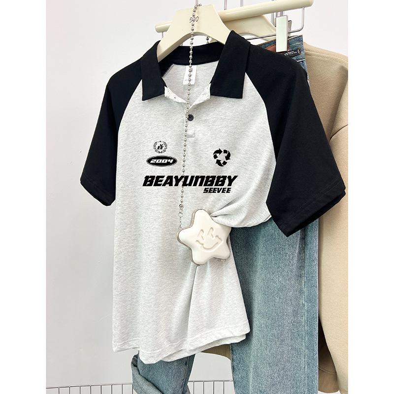 

Женская летняя футболка-поло реглан из чистого хлопка - средней длины, повседневная свободная посадка с принтом букв 2XL