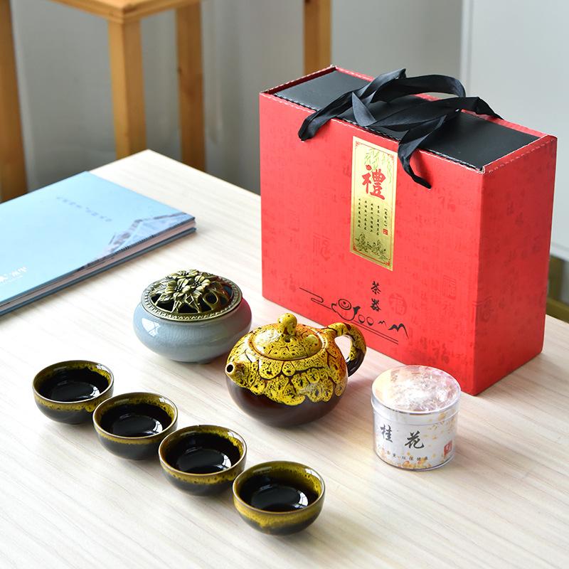 Guochao Ge Kiln Kung Fu Tee-Set Geschenkbox-Set Kreative Keramik Ein Topf Vier Tassen Leichte Luxusgeschenke mit Räuchergefäß