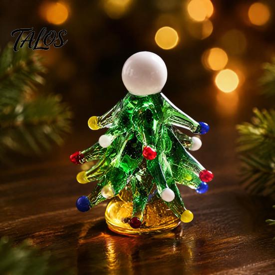 Rotating Interactive Christmas Decor Glass Tree Figurine with Ceramic Base, Handmade Glazed Miniature Holiday Table Centerpiece Ornament for