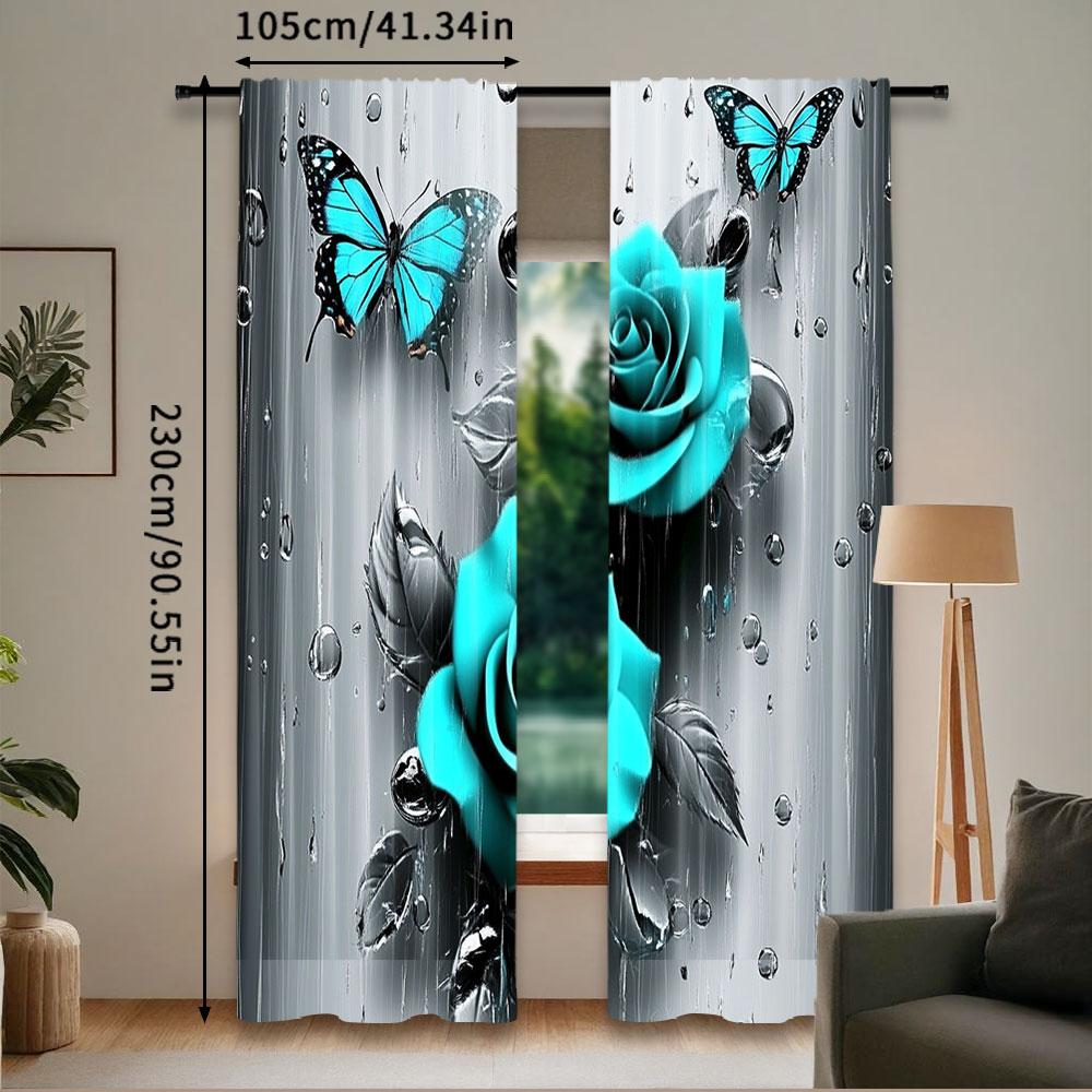 2Pcs Teal Rose Curtain Turquoise Floral Raindrops Art Window Drapes Suitable For Bedroom Bathroom Living Room