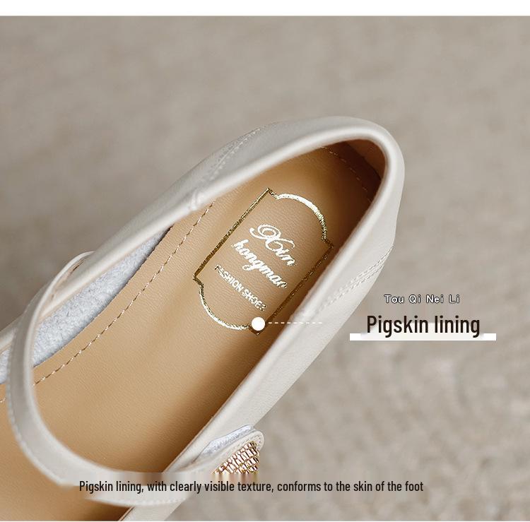 Genuine Leather Chunky Heel Mary Janes - Low-Cut, Soft Sole & Upper for Casual Wear in Spring & Autumn