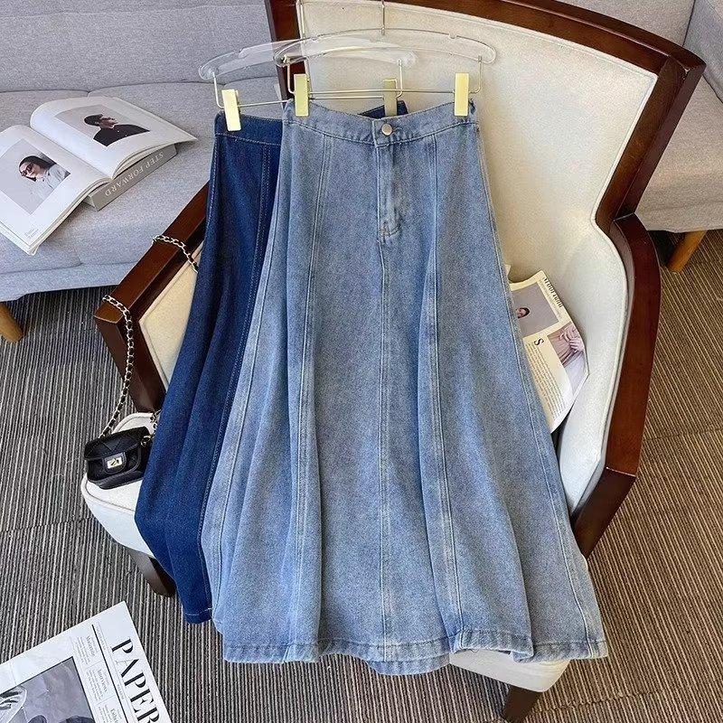Women's Retro Distressed High-Waisted A-Line Washed Midi Denim Skirt Long Jean Skirts Pleated Flowy Swing A-line Denim Skirts for Women