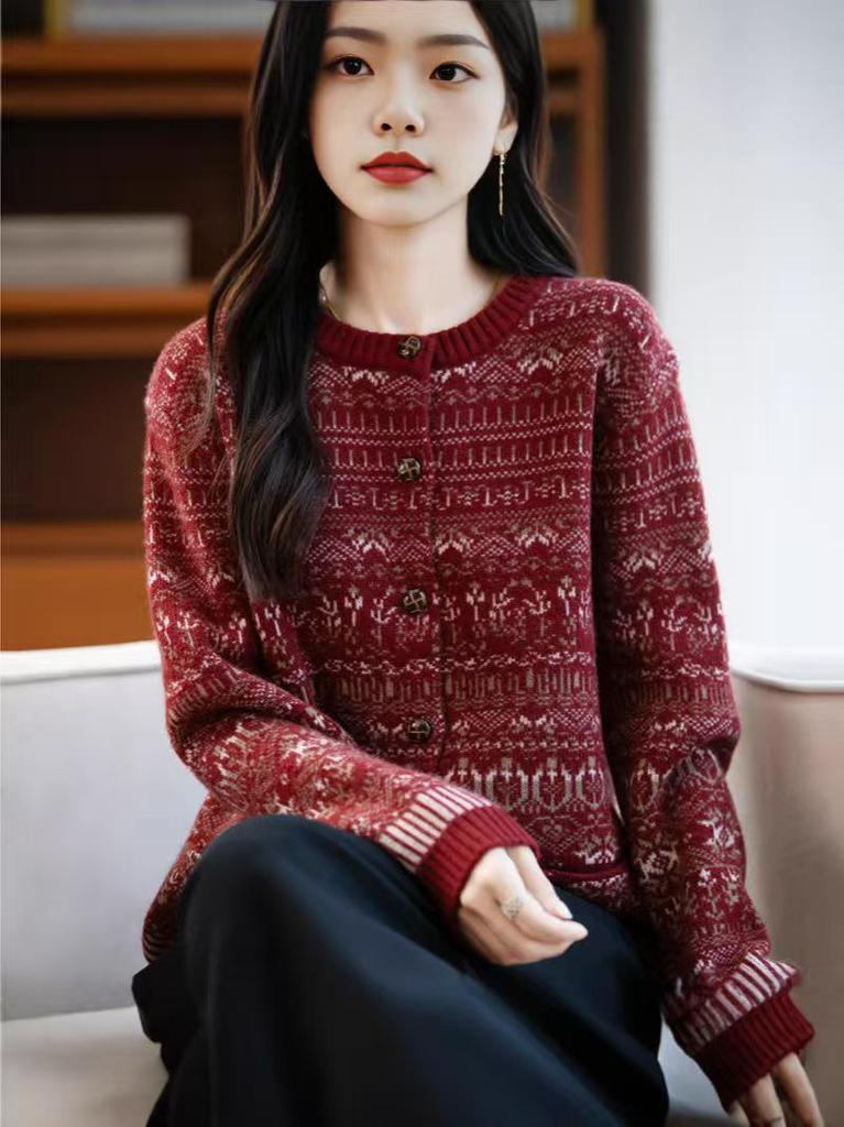 Women's Long-Sleeve Ethnic-Style Raccoon Fur Cardigan - Contrasting Colors, Round Neck, Wood Button Design, Jacquard Knitted Sweater.