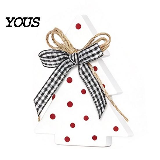 Christmas Table Decorations Tree Wooden Tabletop Sign, Rustic Polka Dot Xmas Tiered Tray Centerpiece Seasonal Home Accents with Bow, Farmhouse Holiday