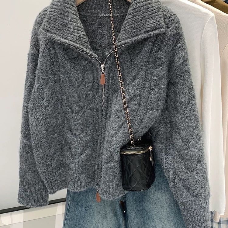 Dámský podzimní zimní ležérní styl volný pletený kardigan retro jednobarevný dvojitý zip límeček s klopami svetr dámský top