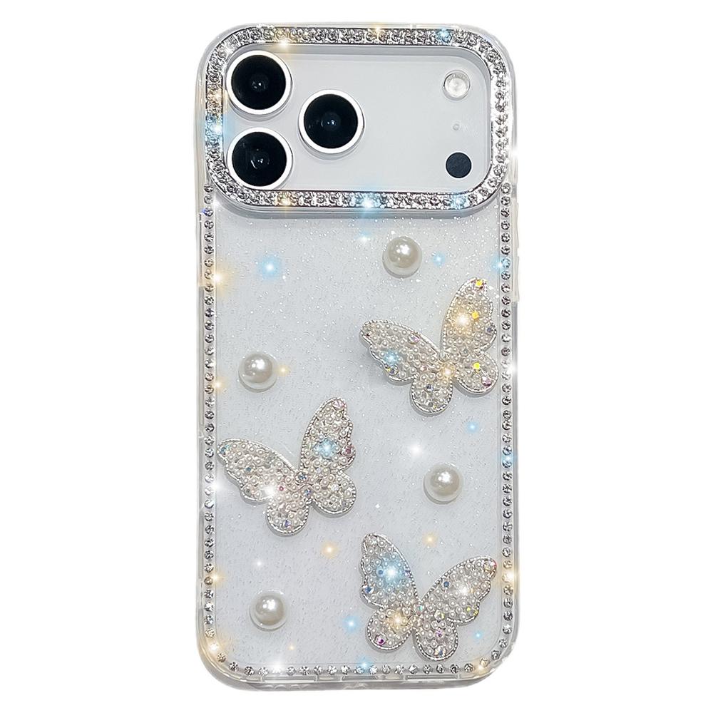 For iPhone 17 Pro Max Case Rhinestone Edge Pearl Butterfly Decor TPU+PC IMD Phone Cover