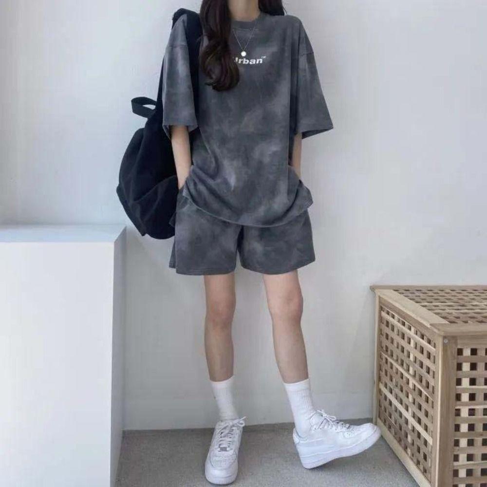 Tie-dye Two-piece Tracksuit Letter Summer Loose Suit Streetwear Short Sleeve T-shirt Shorts Female