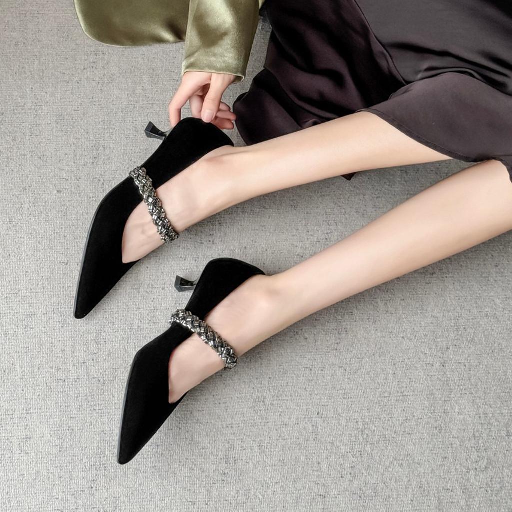 Golden Velvet Pointed Head Shallow Mouth High Heels Thin Heel Women's Rhinestone Comfortable Single Shoes 2025 Early Autumn New French High Sense