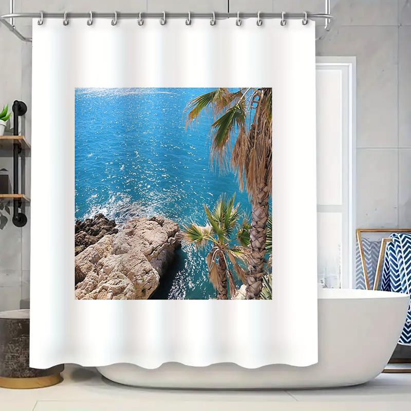 

Tropical Beach Shower Curtain Ocean Wave Palm Tree Scenic Decor Bathroom Fabric Waterproof Liner W60H190(CM)-1 Pcs