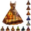 Women Sleeveless Spaghetti Strap Dress Halloween Print Ghost Pattern A-Line Midi Dress with Off Shoulder Design and Flared Skirt for Casual Wear