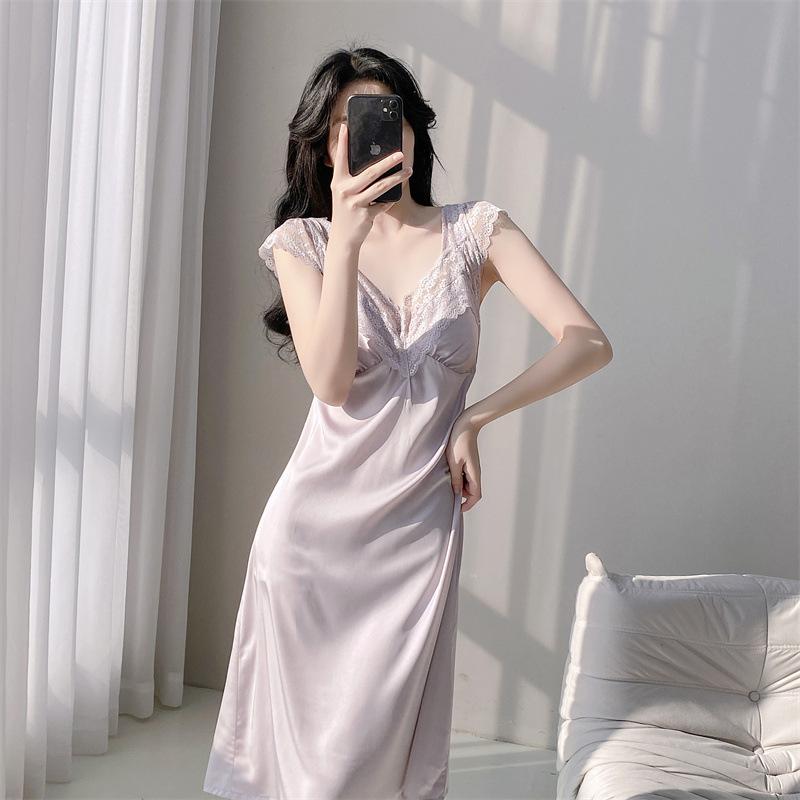 Ice Silk Pajamas Women's Summer 1011 New Sexy Lace Suspender Nightdress with Chest Pad Pure Desire One-word Shoulder Loungewear