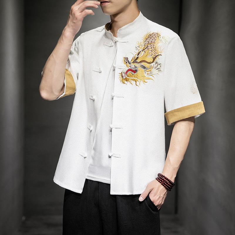 Men's Retro Dragon Embroidery Shirt with Frog Buttons - Casual Short Sleeve, Plus Size