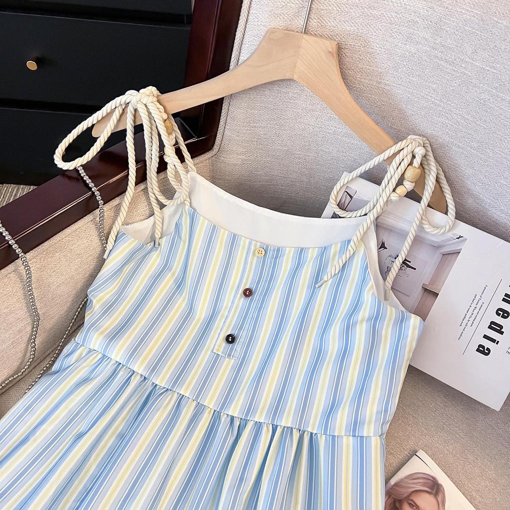 2025 Women's Summer Seaside Striped Spaghetti Strap Long Dress - French Style