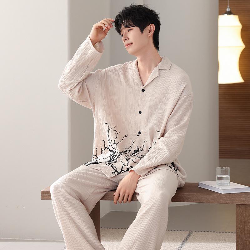 Herrenpyjama aus reiner Baumwolle, Klasse A, doppellagig - Langarm, Chinesischer Stil, Lockere Passform, Hochwertige Frühlings- und Herbst-Homewear.