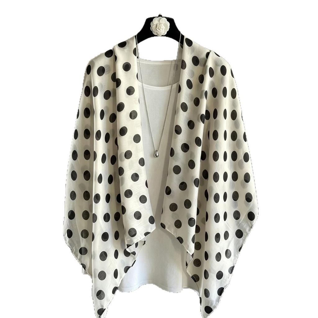 Women's Black and White Polka Dot Silk Scarf - Large, Lightweight Shawl for Sun Protection, Travel, or Beach. Perfect for Spring and Summer.