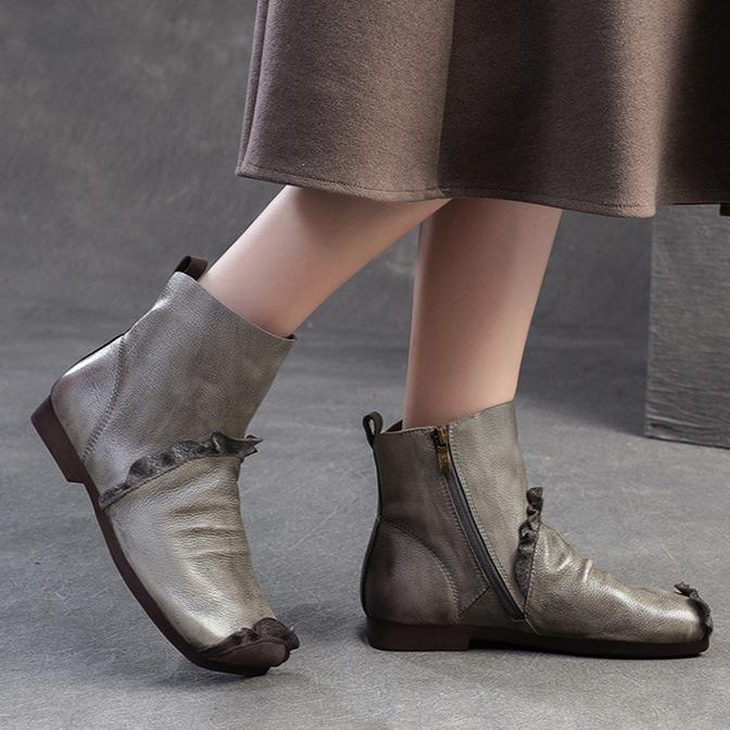 Johnature Kurze Stiefel aus weichem Rindsleder mit quadratischer Zehenpartie, vielseitige, bequeme Damenschuhe aus echtem Leder im Retro-Stil