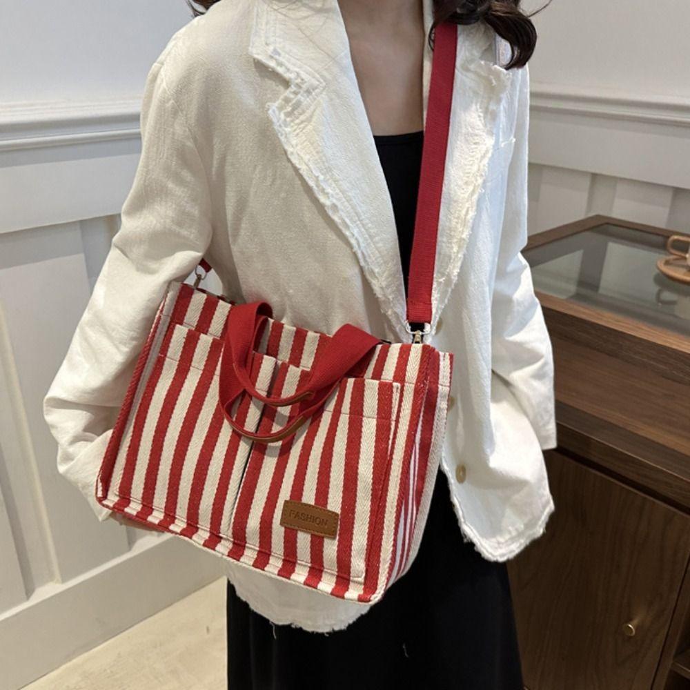 Korean Style Stripe Canvas Tote Bag Simple Cloth Handbag Cute Shoulder Bag  Shopping