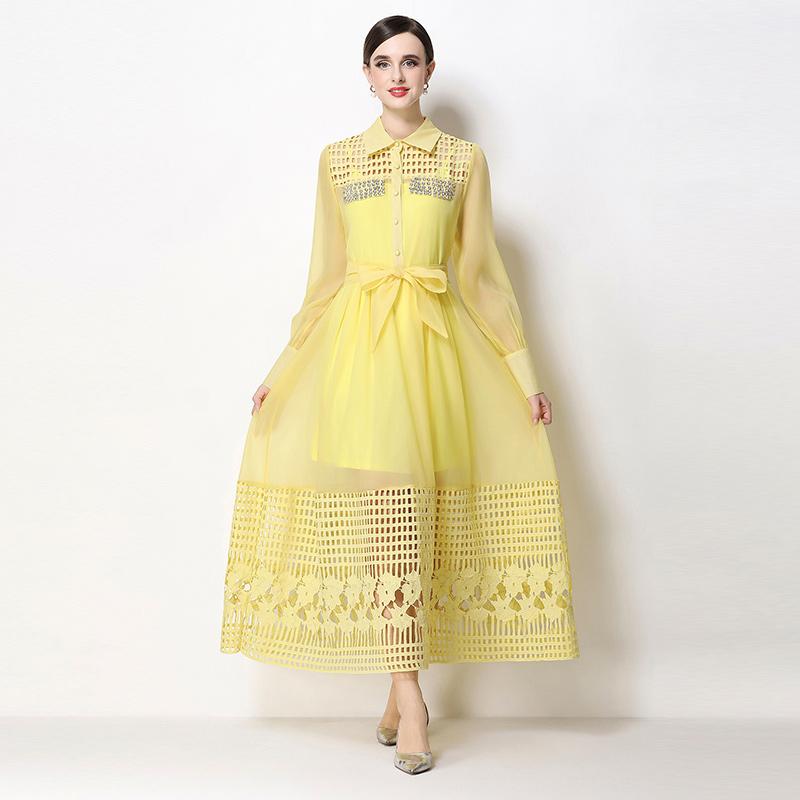 Summer Hollow Out Beaded Loose Chiffon Beach Dress Shirt Women's Puff Sleeve Lace Up Belt Holiday Party Long Robes Maxi Dress
