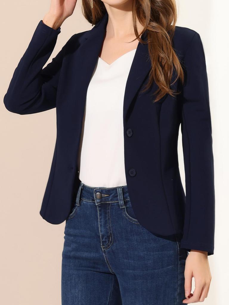 Allegra K Women's Navy Blue Suit Blazer, Stretch, for Business, Commuting, and Office Use, Size XS