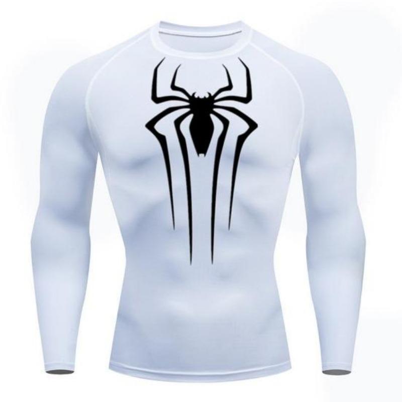2026 Men Fall Spring Top Skinny Sweat Absorption Elastic Spider Print Long Sleeve Soft Breathable Round Neck Compression Training Workout Exercise