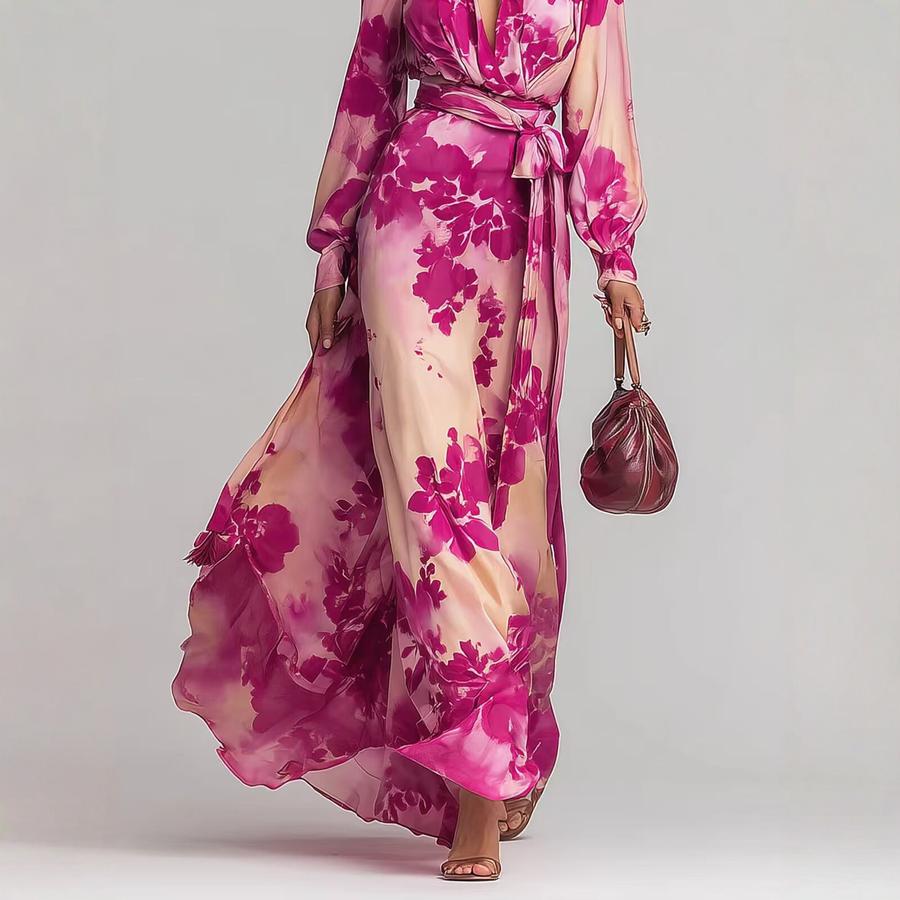 Robe Maxi Chiffon Légère Florale Coupe-Vent Manches Longues Col en V à Nouer Élégant Tempérament Nouveau Style Printemps