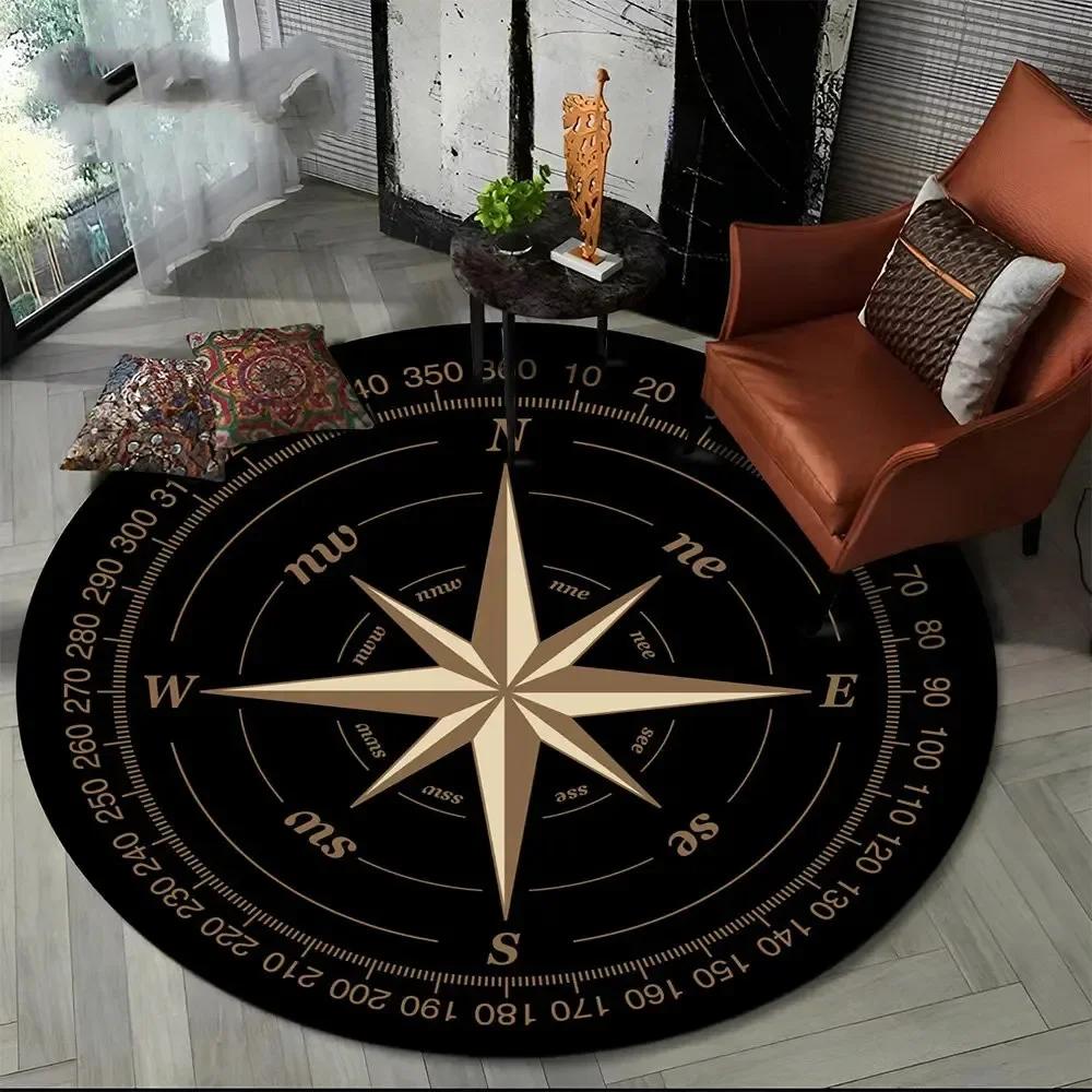 Modern Compass Pattern Round Rug Nautical