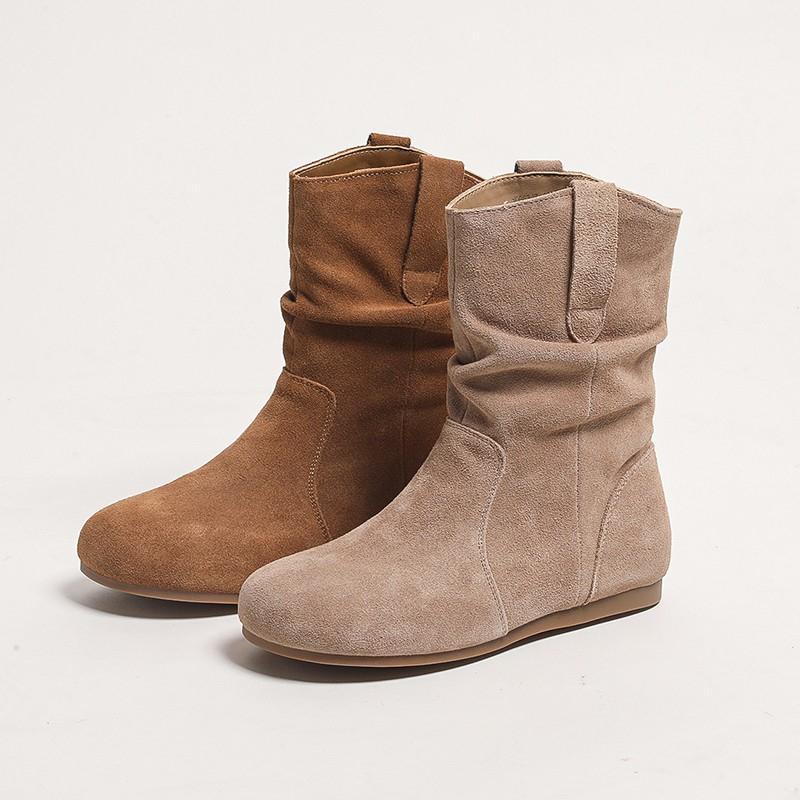 Women's fashionable short boots model suede casual boots, one-piece flat bottom nude boots, retro soft-soled women's boots