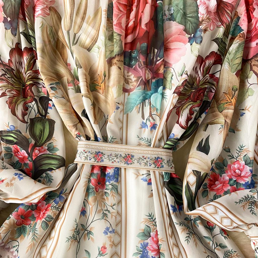 French Vintage Print One Piece Dress Women Lantern Sleeve Single Breasted Ladies Dresses Princess Lace Up Design Clothes