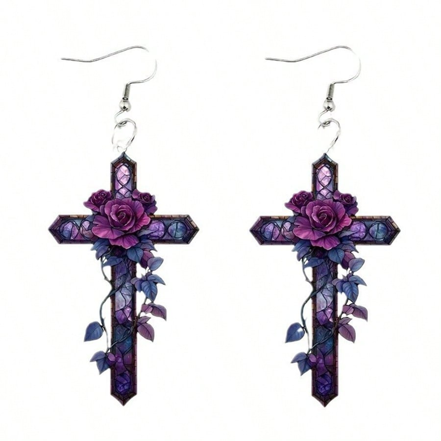 

A pair of purple rose cross acrylic earrings, creative design, suitable for everyday wear.