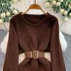 Autumn Winter Women Elegant O-neck Knitted Sweater Chic Mini Short Straight Pullover Dresses with Belt