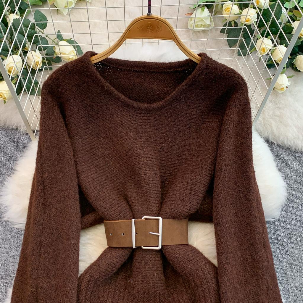 Autumn Winter Women Elegant O-neck Knitted Sweater Chic Mini Short Straight Pullover Dresses with Belt