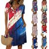 Womens Casual Button Front Dress Short Sleeve Round Neck Loose Fit Knee Length Dress with Star Print and Striped Pattern for Everyday Wear