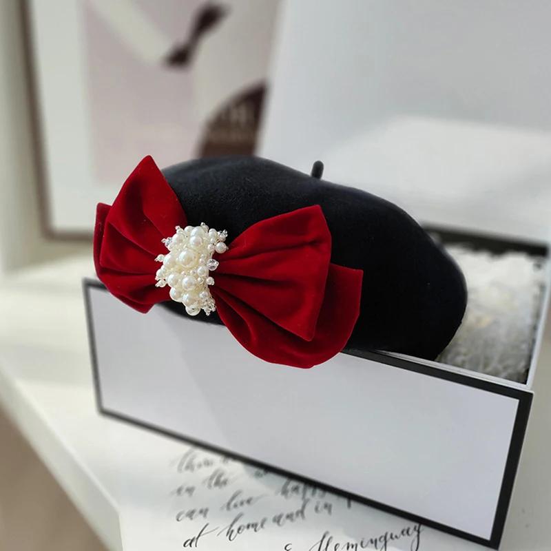 Women's Winter Wool Berets Pearl Bow Artist Beanie Cap Painter Beret for Travel, Shopping, Party