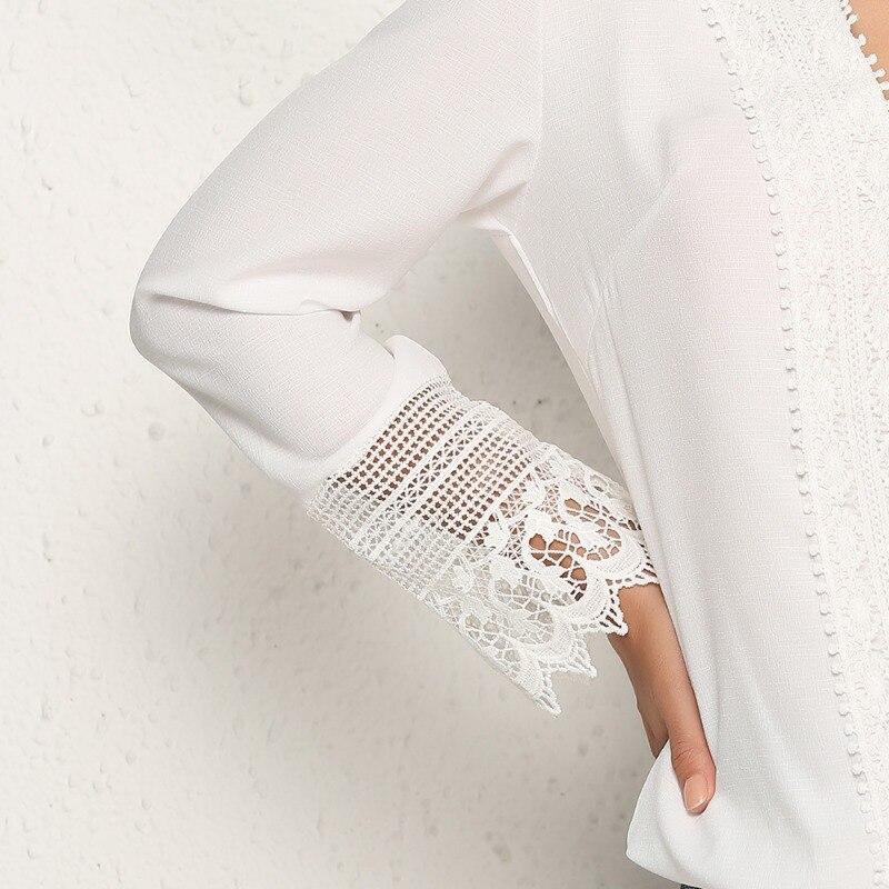 Solid Drawstring V Neck Lace Chiffon Shirt Women Vintage Long Sleeve White Blouse Woman Elegant Slim Hollow Lady Top Mujer 28620