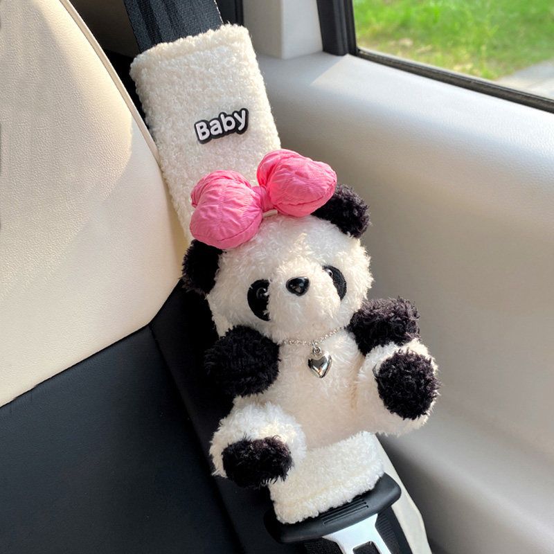 Short Cartoon Panda Car Safety Belt Shoulder Pad Cover Cute Teddy Soft Car Safty Belt Cover Car Interior Ornaments