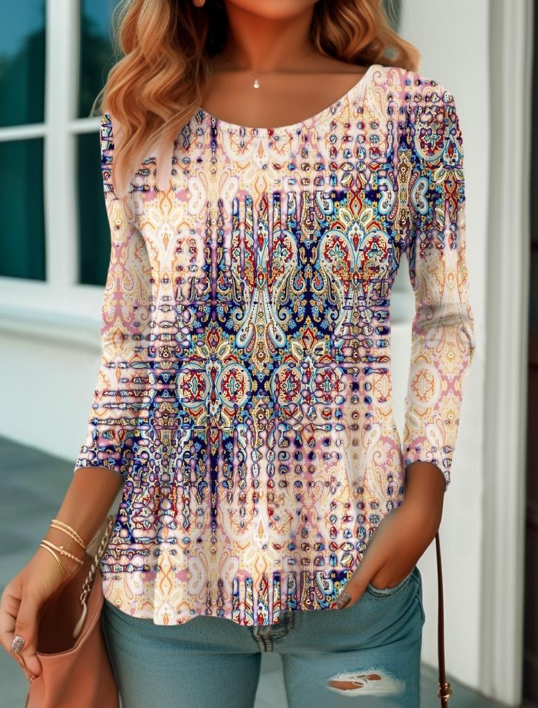 Fashion Women's T shirt Tee Graphic Print Casual Long Sleeve Weekend Vintage Ethnic Crew Neck Regular Fit Painting Fall & Spring