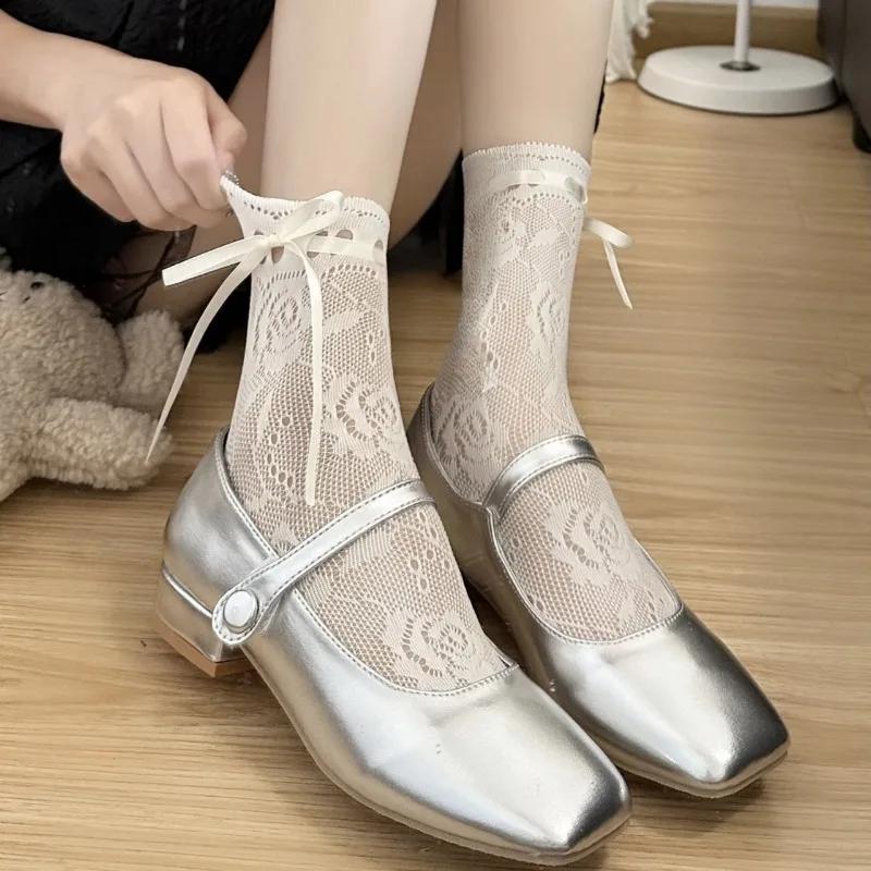 Lolita Jk Sweet Strap Bow Lace Socks Women Sexy Hollow Out Fishnet Flower Mesh Breathable Sock Rose Pattern Princess Short Socks