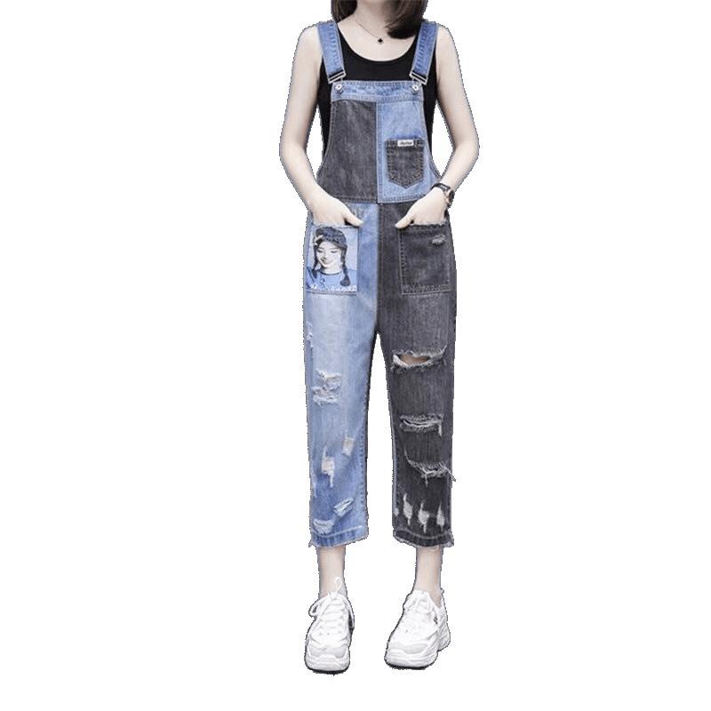 Mode Patchwork Denim Jumpsuits Kvinnlig Casual Hög Midja Hål Denimbyxor Kvinnor All Match Lös Casual Byxor