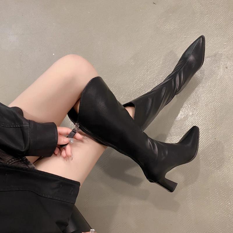 Móda Nové Dámské Kozačky Zip Silný Vysoký Podpatek Jednoduché Silné Vysoké Podpatky Podzimní Zimní Kozačky Nad Koleno Botas