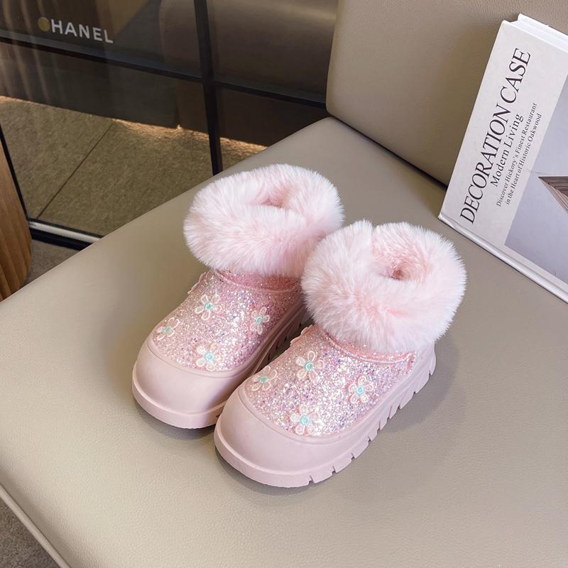 Girls Snow Boots Thick Bottom Shine Rhinestones Winter Children Warm Cotton Shoes with Flowers Kids Princess Boots Anti-Slippery
