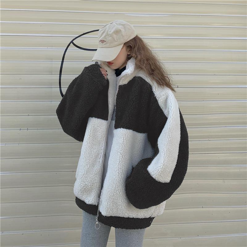 Elegant Coat Women Autumn Winter Warm Soft Zipper Patchwork Jacket Female Plush Overcoat Pocket Casual Outwear